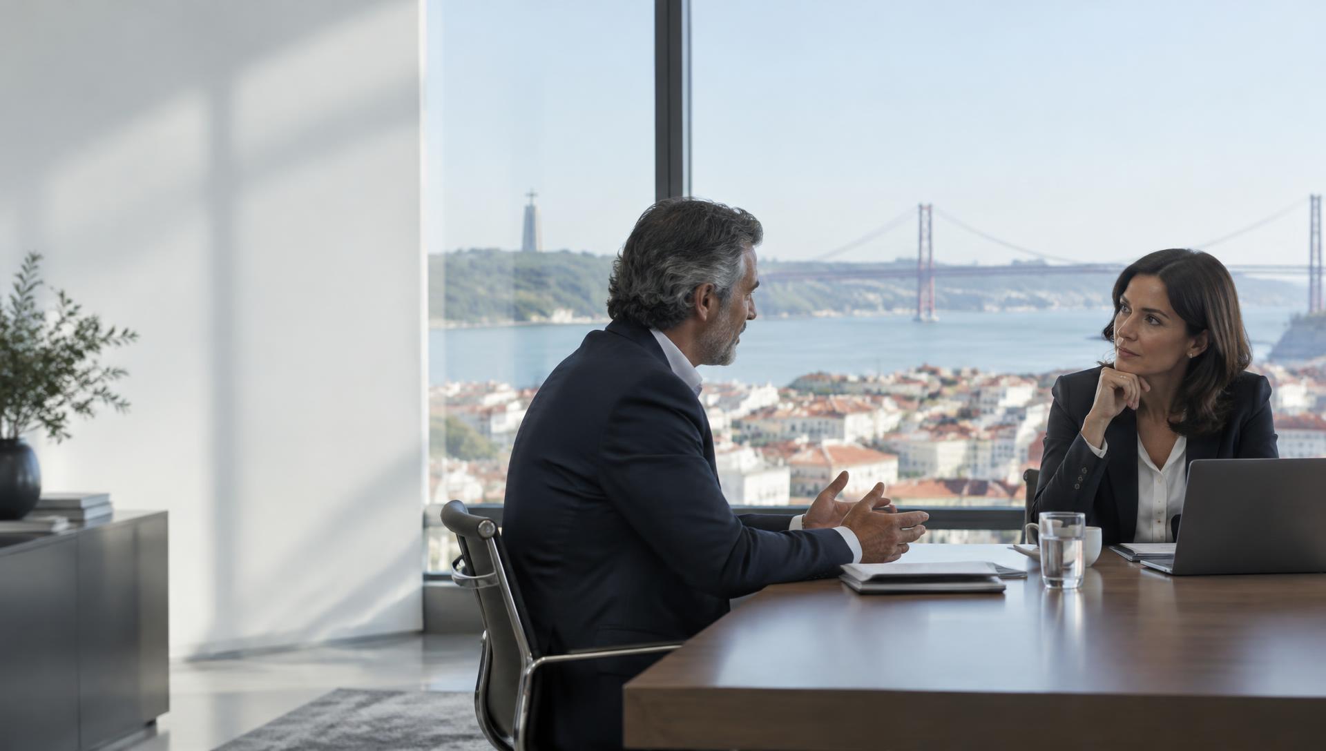 Two senior professionals in conversation in a Lisbon office