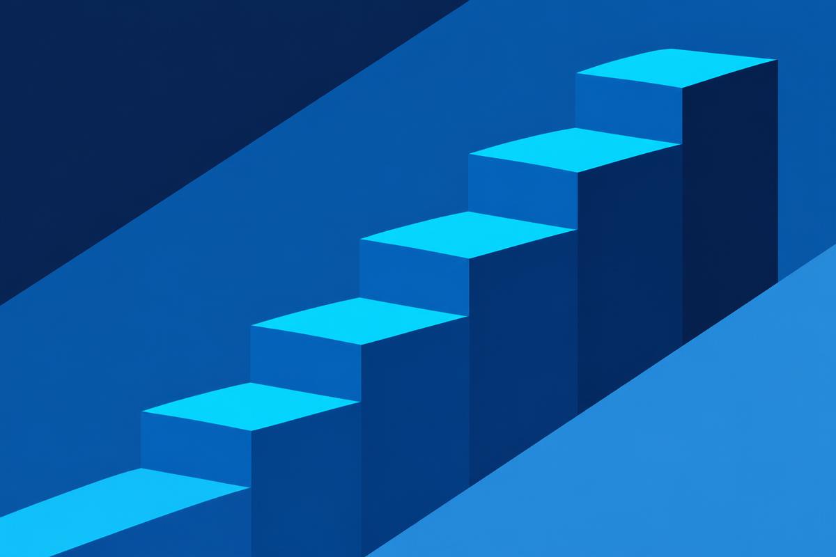 Stepped geometric composition in brand blue representing a staged transition